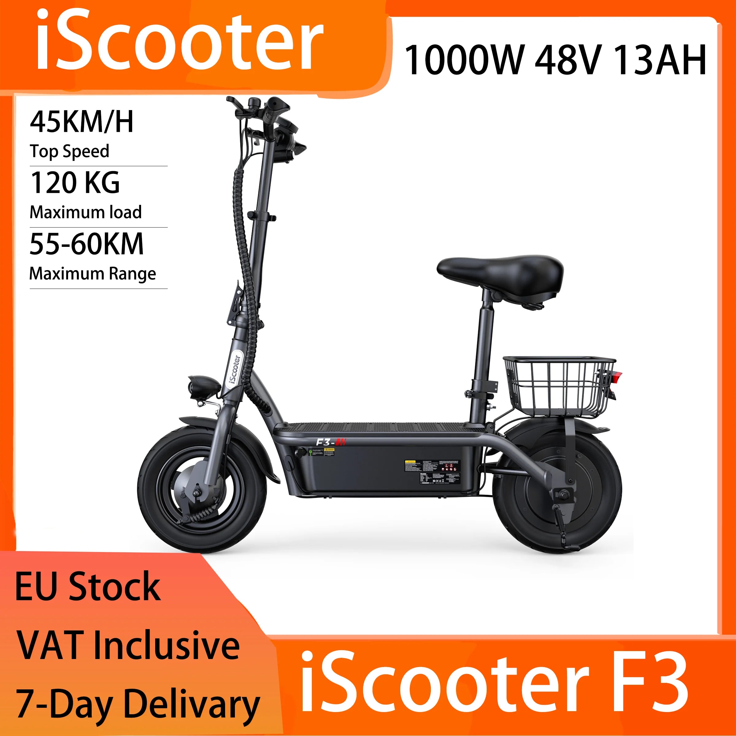 iScooter F3 10" Folding Electric Scooter - 1000W 48V 13Ah, 45km/h, 55-60km Range, Seat & Basket, Disc Brake, Rear Drive