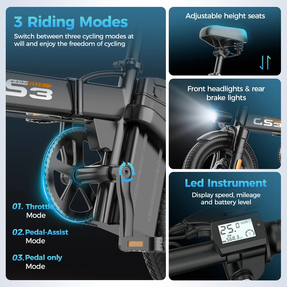TOOFLY GS3 Folding Electric Bicycle 250W 48V15AH Adult Travel City Commuter Electric Bike 14*2.125 Inch Tire Mini E-bike