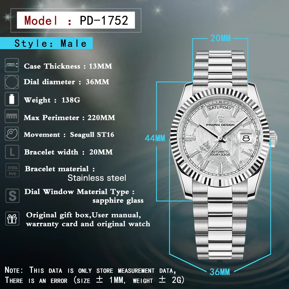 PAGANI DESIGN 2026 New DD36 automatic mechanical men watch Double calendar 36MM Watch For Men sapphire luxury waterproof Watches