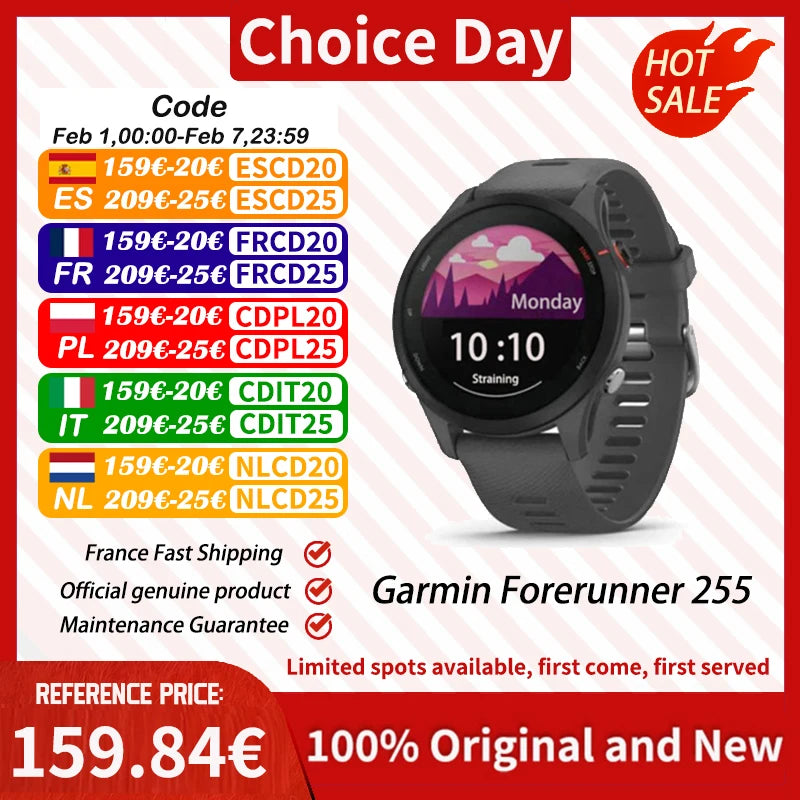 Garmin Forerunner 255 Sports Smartwatch 46mm 1.3'' Color Screen 14 Days Battery Life  RAM NFC Bluetooth  5ATM Waterproof