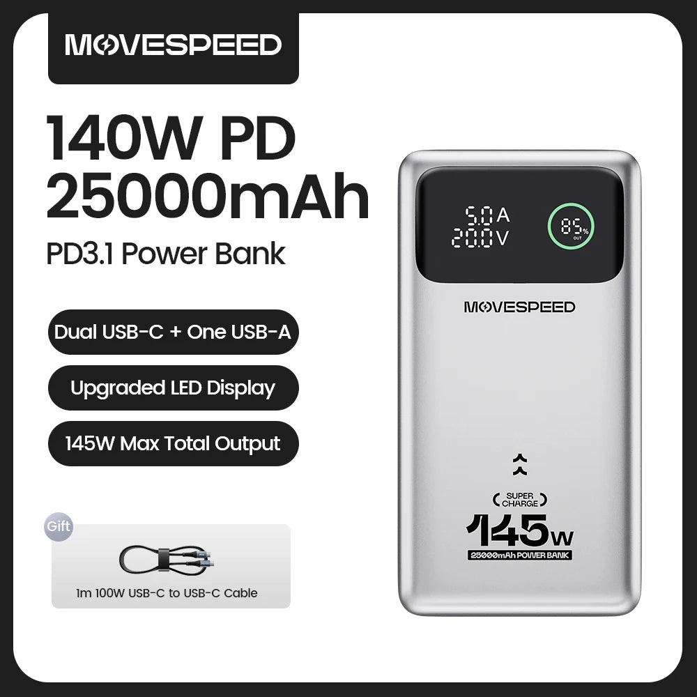MOVESPEED M25Pro 140W Power Bank Fast Charge 145W Max 25000mAh External Battery PD3.1 Powerbank for iPhone MacBook Lenovo Laptop