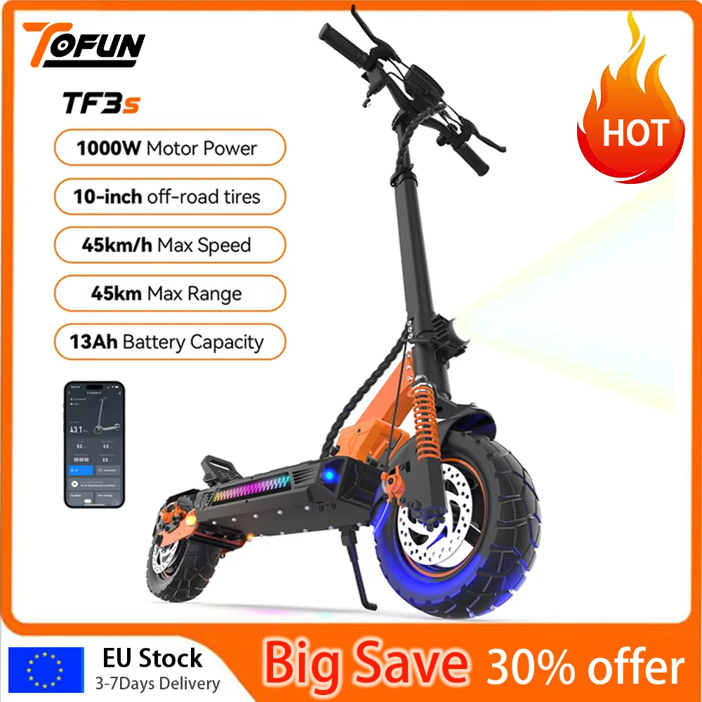 TOFUN TF3 Electric Scooter 1000W Motor 48V13Ah Battery Adult Sport Road Mountain E-Scooter 10Inch Tires Snow Foldable EScooter