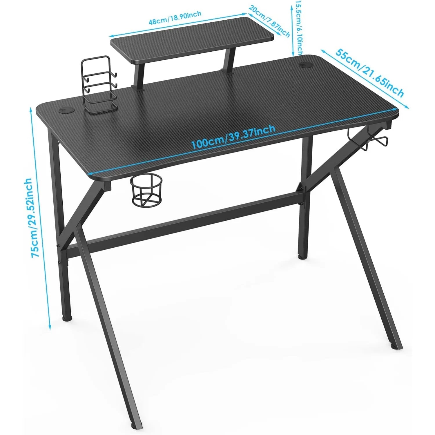 Bureau Gamer Informatique Ergonomique, Table Gaming, avec Porte-Gobelet, Crochet pour Casque et Support de Hauteur Amovible Noir