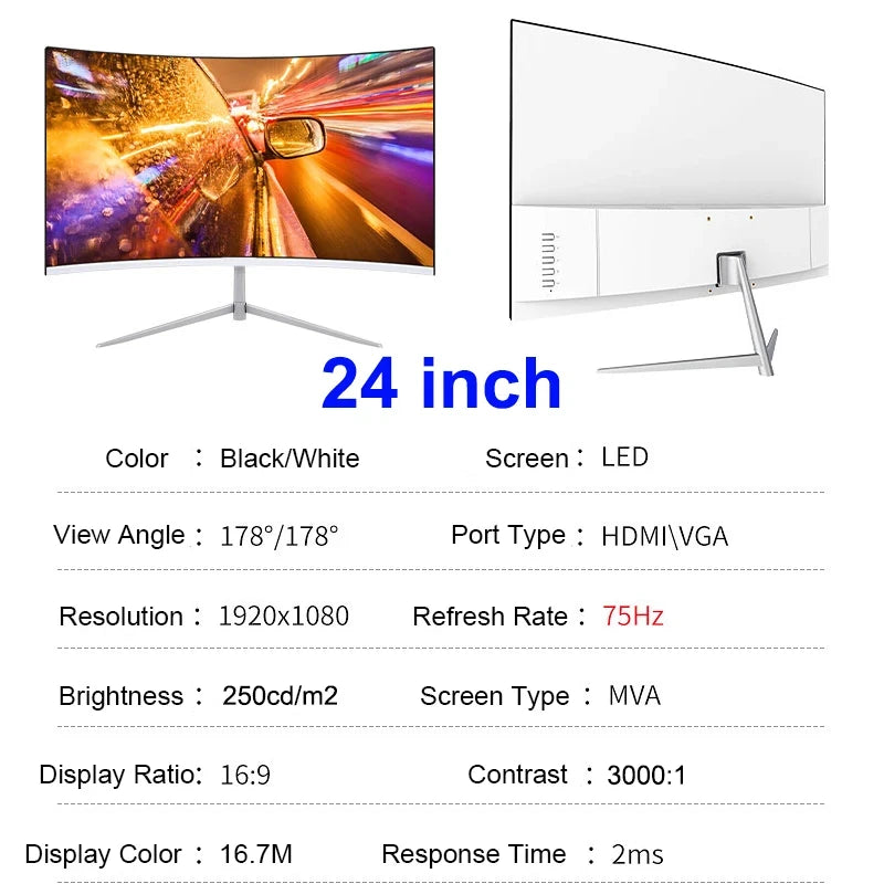 24 Inch Curved 75Hz Monitor Gaming VA FHD 1080P Computer Display 3000R HDMI/VGA DCR Eye Protect VESA 100*100 2ms Response