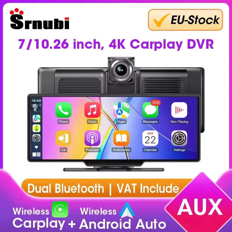 Srnubi 7/10.26" Wireless Carplay Screen for Car,Android Auto Dash Cam 4K Car DVR,1080P Rear Camera,Navigation Video Recorder,AUX
