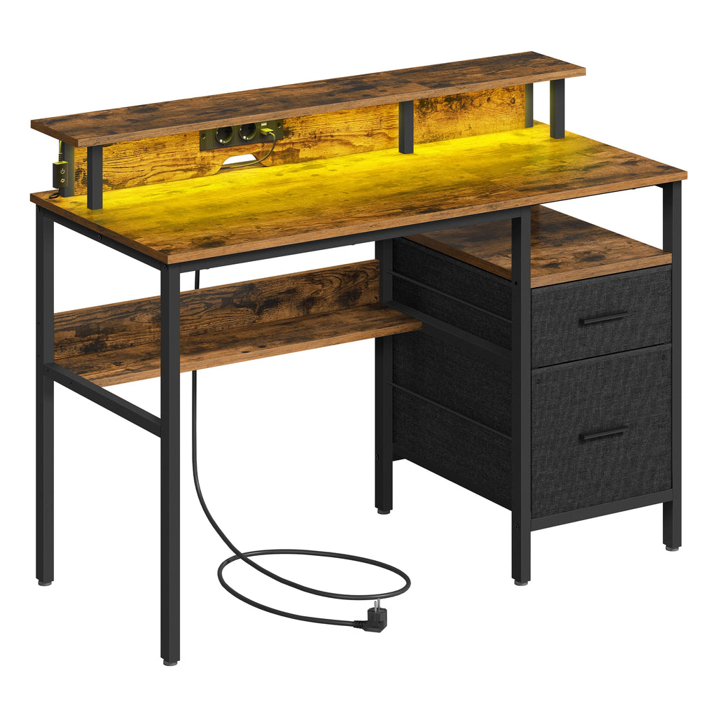 VASAGLE Gaming Desk with LED Lights and Power Strip, Computer Desk with Monitor Stand, Table with Storage, 2 Fabric Drawers