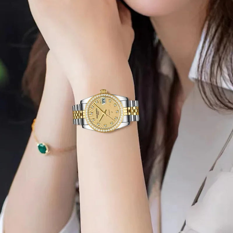 ROLENDO Women's Automatic Watch 32mm Sapphire Crystal Gold Tone Swiss Movement Waterproof Butterfly Buckle Luxury Gift
