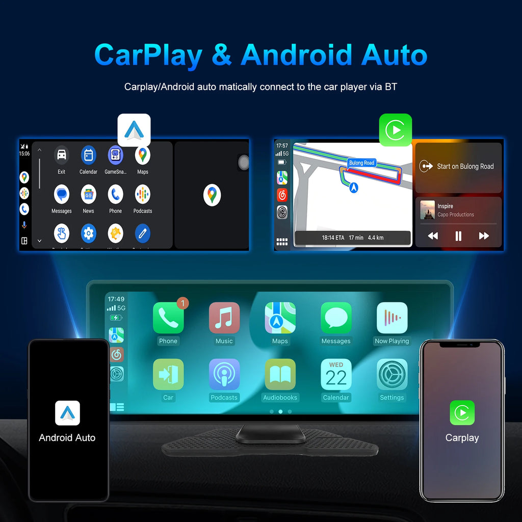 Hikity 10.26 Inch Portable Smart Player Carplay Android Auto Car Radio Bluetooth FM AUX Car Monitor Airplay Support CVBS Camera