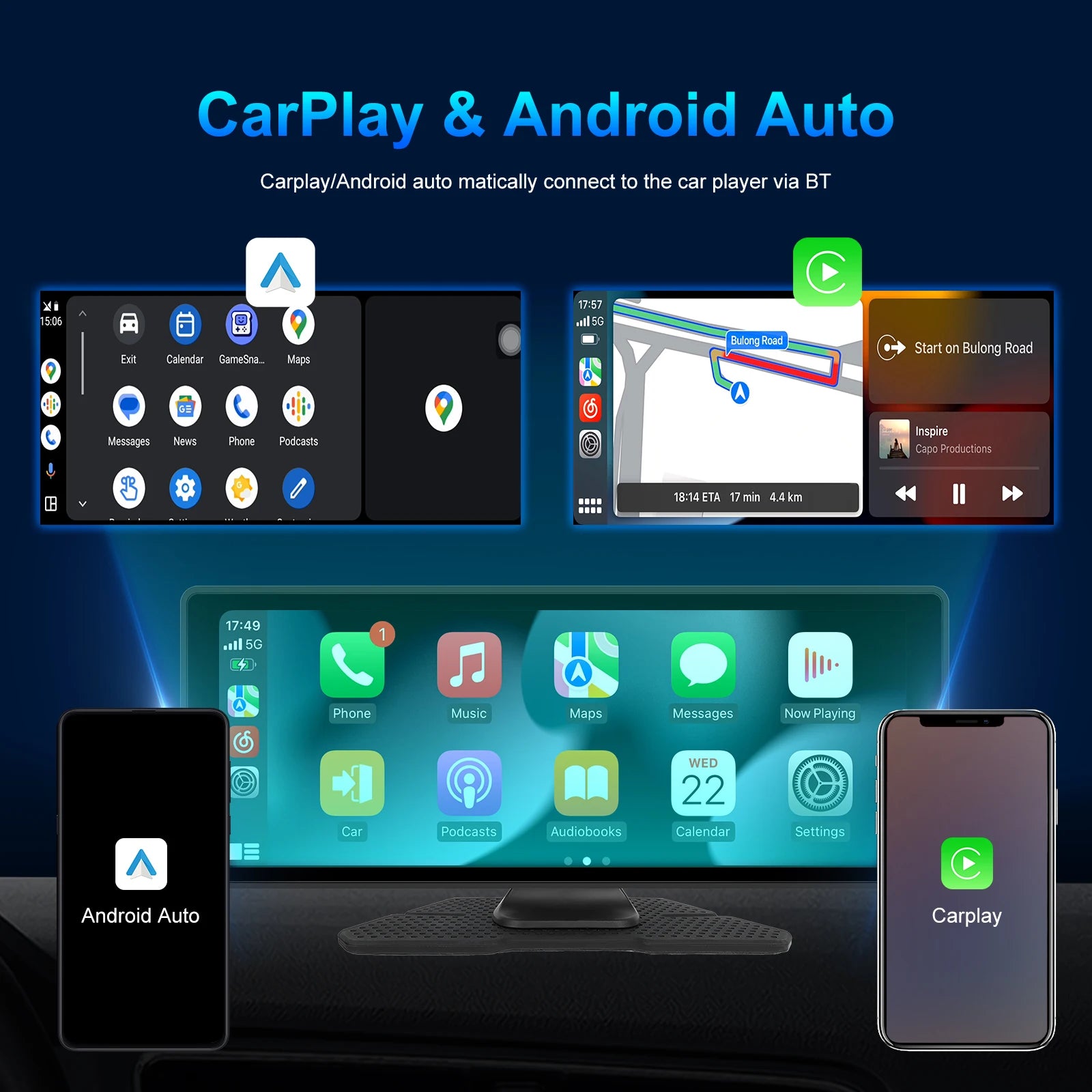 Hikity 10.26 Inch Portable Smart Player Carplay Android Auto Car Radio Bluetooth FM AUX Car Monitor Airplay Support CVBS Camera