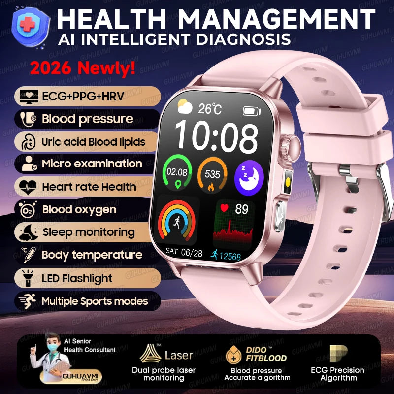 2026 New ECG+PPG Healthy Diagnose Smart Watch Men Body analysis Blood Pressure Lipid Uric Acid Women's Health Tracker Smartwatch