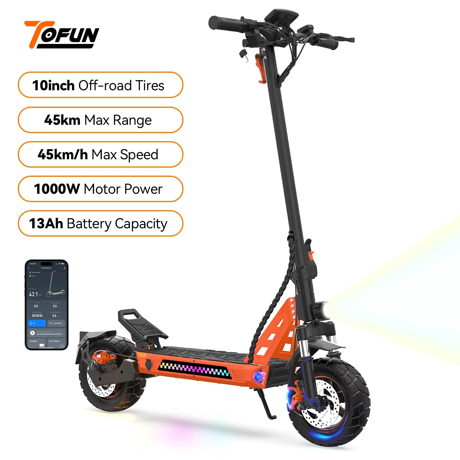 TOFUN TF3 Electric Scooter 1000W Motor 48V13Ah Battery Adult Sport Road Mountain E-Scooter 10Inch Tires Snow Foldable EScooter