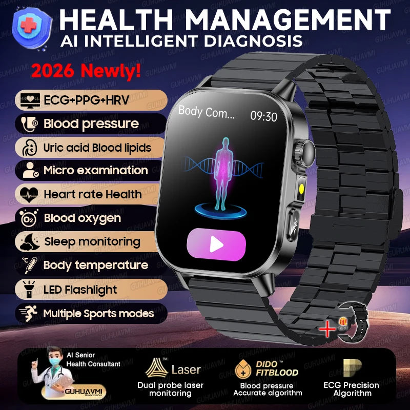 2026 New ECG+PPG Healthy Diagnose Smart Watch Men Body analysis Blood Pressure Lipid Uric Acid Women's Health Tracker Smartwatch