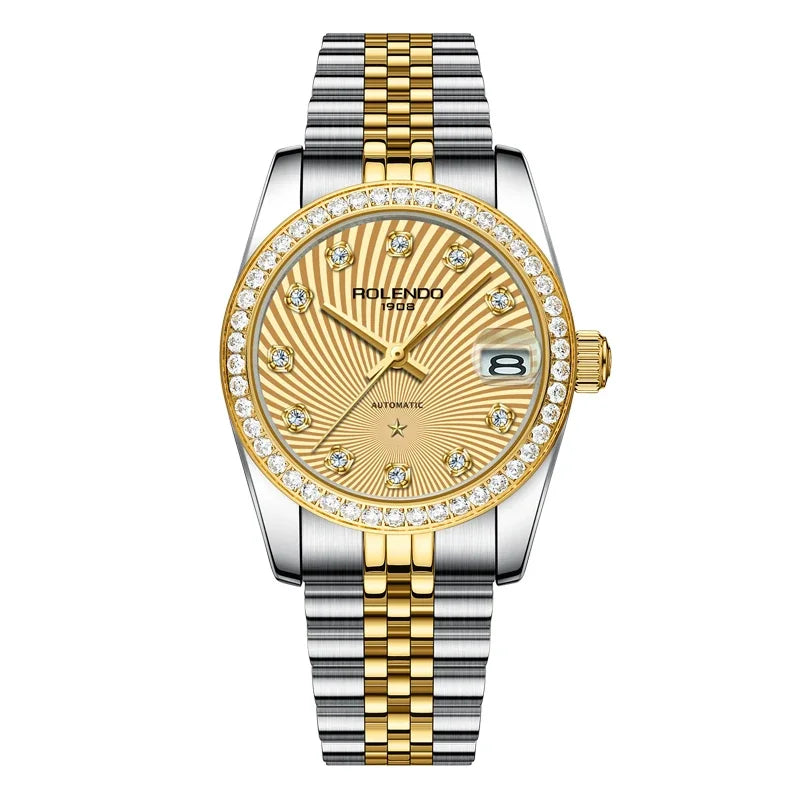 ROLENDO Women's Automatic Watch 32mm Sapphire Crystal Gold Tone Swiss Movement Waterproof Butterfly Buckle Luxury Gift