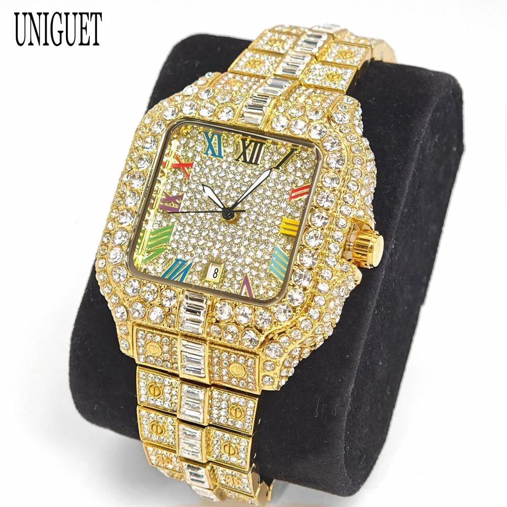 UNIGUET Luxury Diamond Quartz Watch for Men Rainbow Dial  Calendar Hip Hop Iced Out Gold Wristwatch Mens Fashion Accessory 2025
