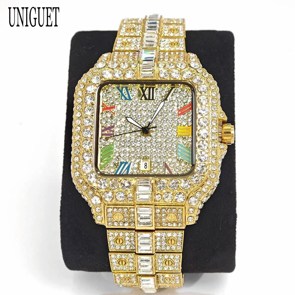 UNIGUET Luxury Diamond Quartz Watch for Men Rainbow Dial  Calendar Hip Hop Iced Out Gold Wristwatch Mens Fashion Accessory 2025