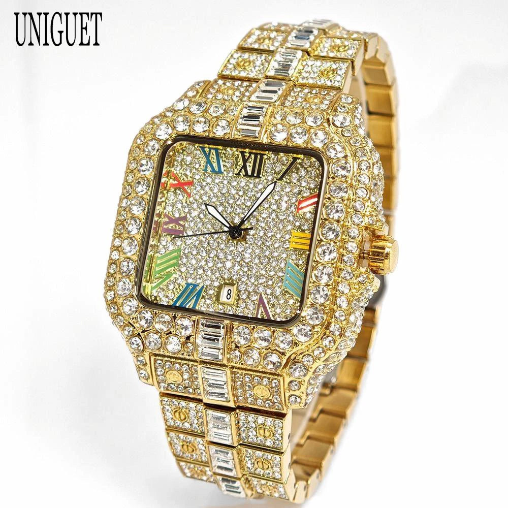 UNIGUET Luxury Diamond Quartz Watch for Men Rainbow Dial  Calendar Hip Hop Iced Out Gold Wristwatch Mens Fashion Accessory 2025