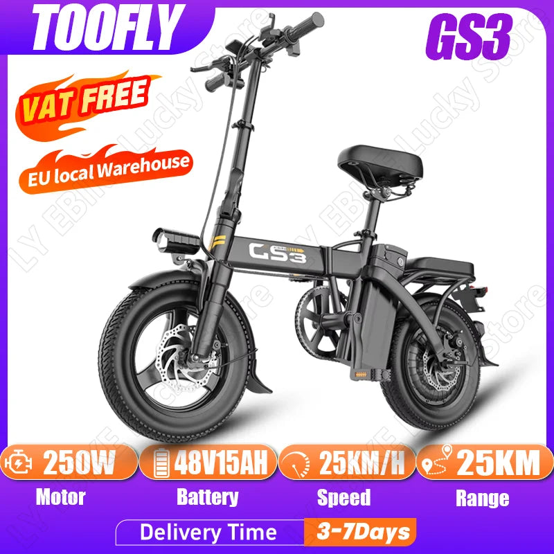TOOFLY GS3 Folding Electric Bicycle 250W 48V15AH Adult Travel City Commuter Electric Bike 14*2.125 Inch Tire Mini E-bike