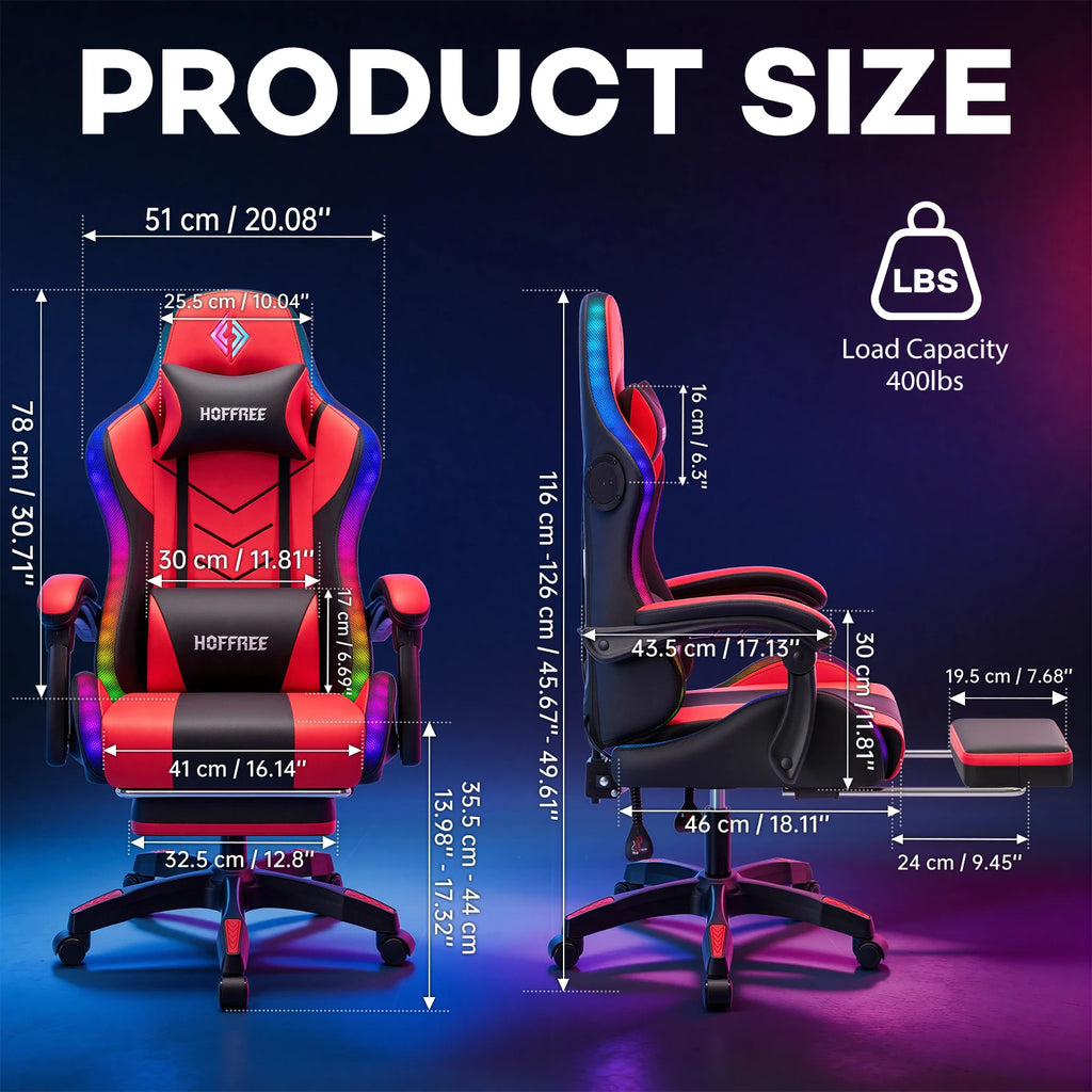 300lbs Load RGB Gaming Chair with Speakers Ergonomic Massage Computer Gaming Chair with LED Lights and Footrest High Back Video