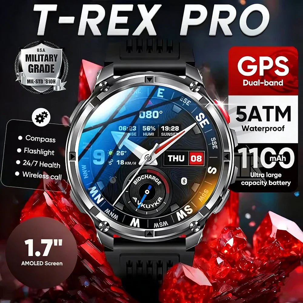 2026 New T-Rex3 Pro 1100mAh Battery Smart Watch GPS path 5ATM Waterproof Sports Run tracker Outdoors Compass Military Smartwatch
