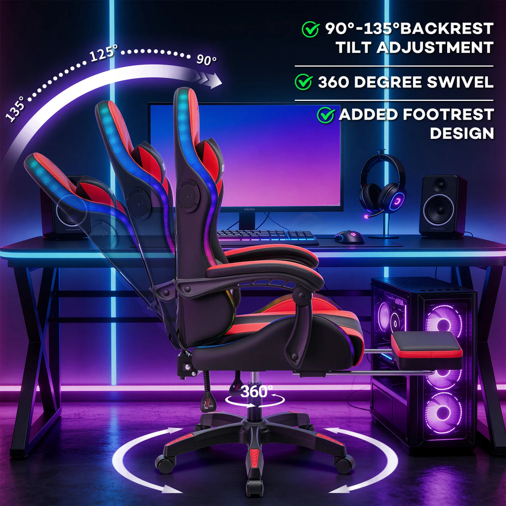 300lbs Load RGB Gaming Chair with Speakers Ergonomic Massage Computer Gaming Chair with LED Lights and Footrest High Back Video