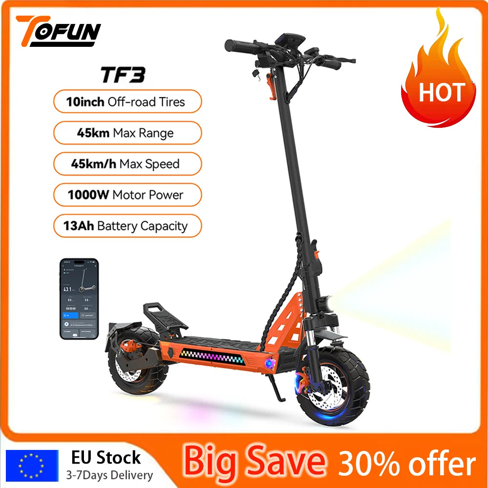 TOFUN TF3 Electric Scooter 1000W Motor 48V13Ah Battery Adult Sport Road Mountain E-Scooter 10Inch Tires Snow Foldable EScooter