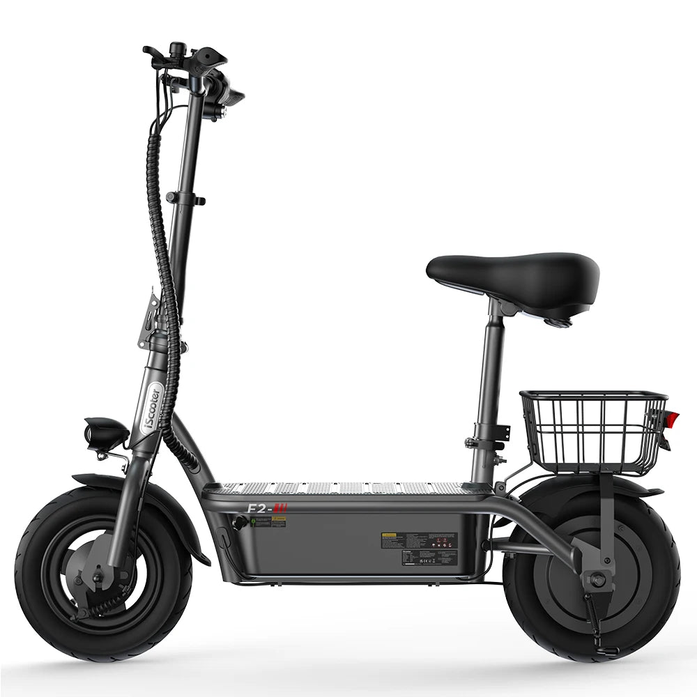 iScooter F2 10" Folding Electric Scooter - 500W 36V 7.8Ah, 30km/h, 25-30km Range, Seat & Basket, Disc Brake, Rear Drive