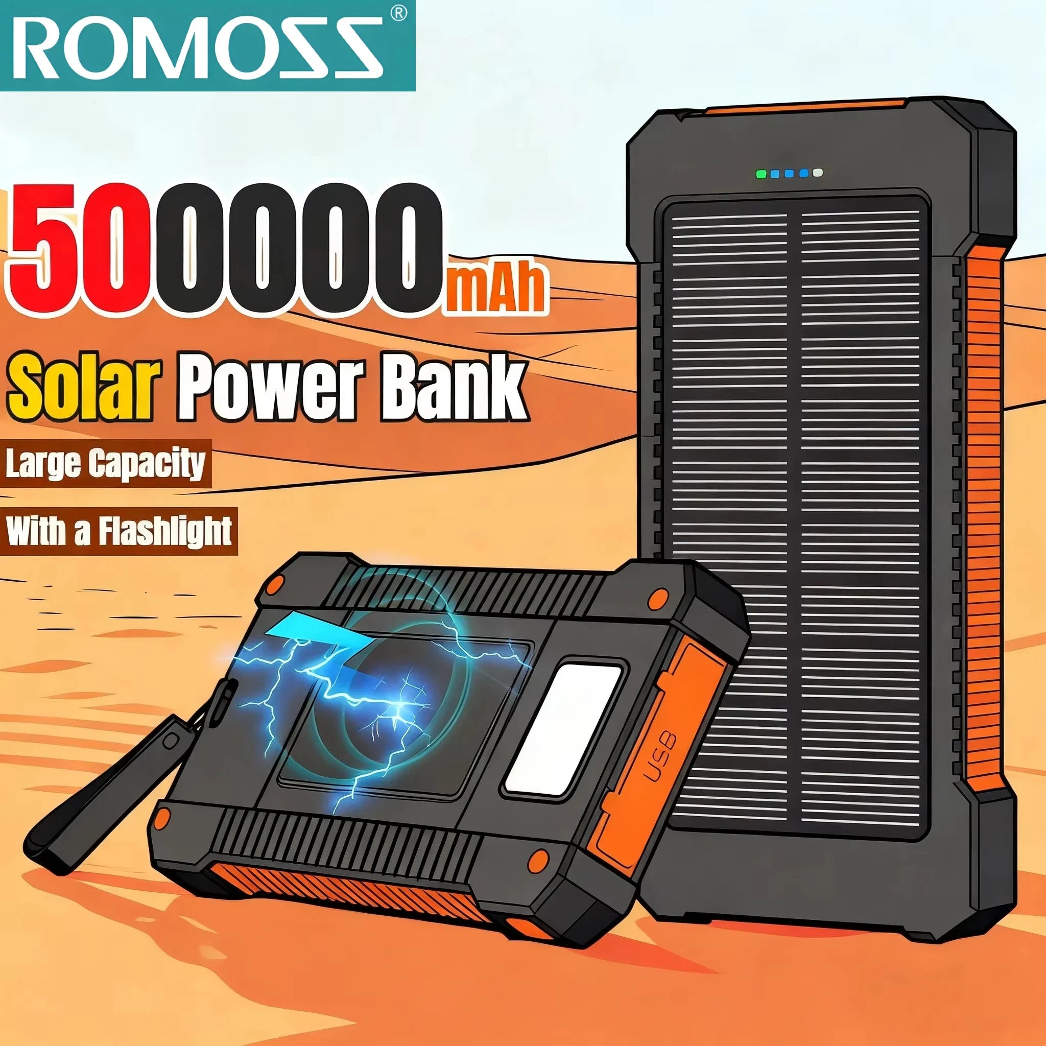 ROMOSS 120W 500000mAh Solar Power Bank Portable Large Capacity Super Fast Charging Outdoor External Battery for iPhone 17/16/15