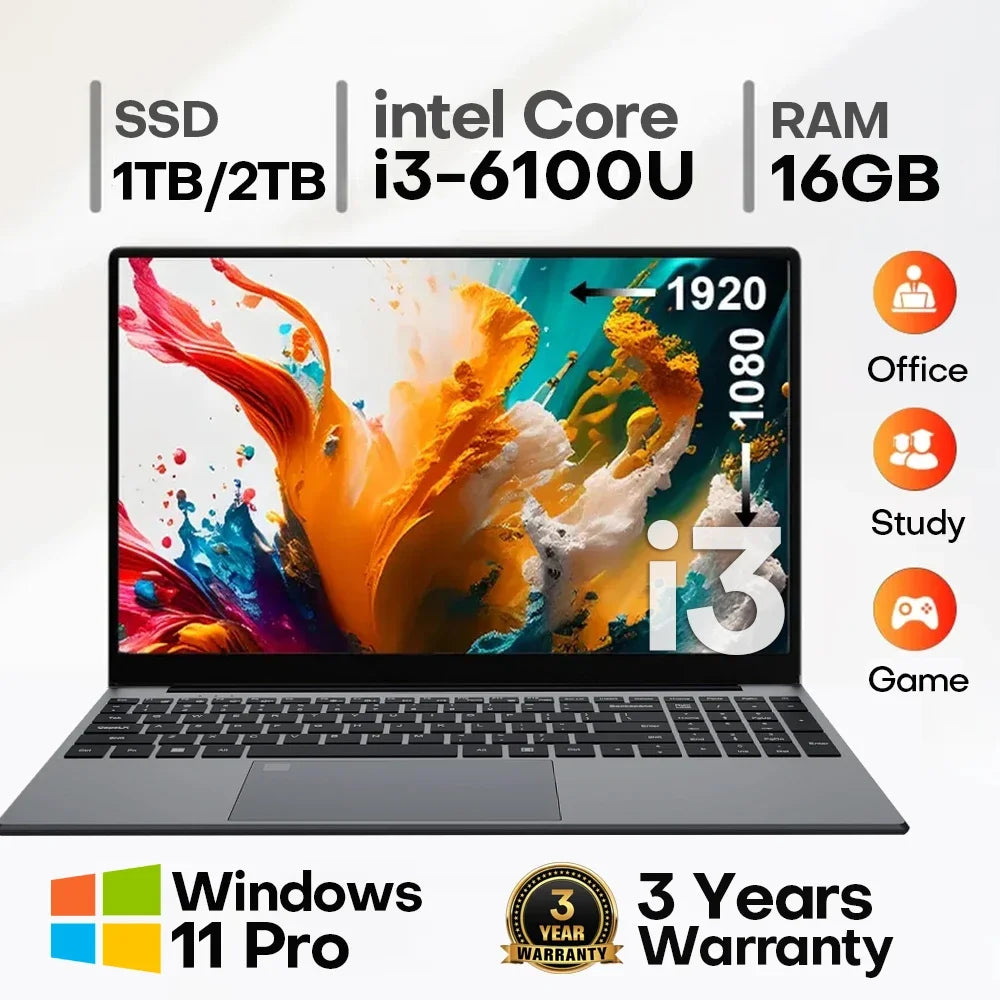 15.6" Intel Core i3 6100U Laptop Computer Windows 11 Pro 16GB RAM 512GB 1TB SSD Portable Notebook PC Office Study Laptops