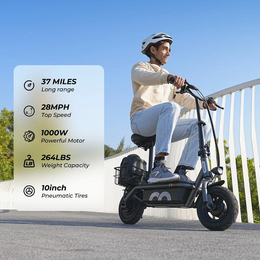 iScooter F3 10" Folding Electric Scooter - 1000W 48V 13Ah, 45km/h, 55-60km Range, Seat & Basket, Disc Brake, Rear Drive