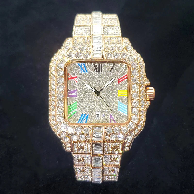 UNIGUET Luxury Diamond Quartz Watch for Men Rainbow Dial  Calendar Hip Hop Iced Out Gold Wristwatch Mens Fashion Accessory 2025