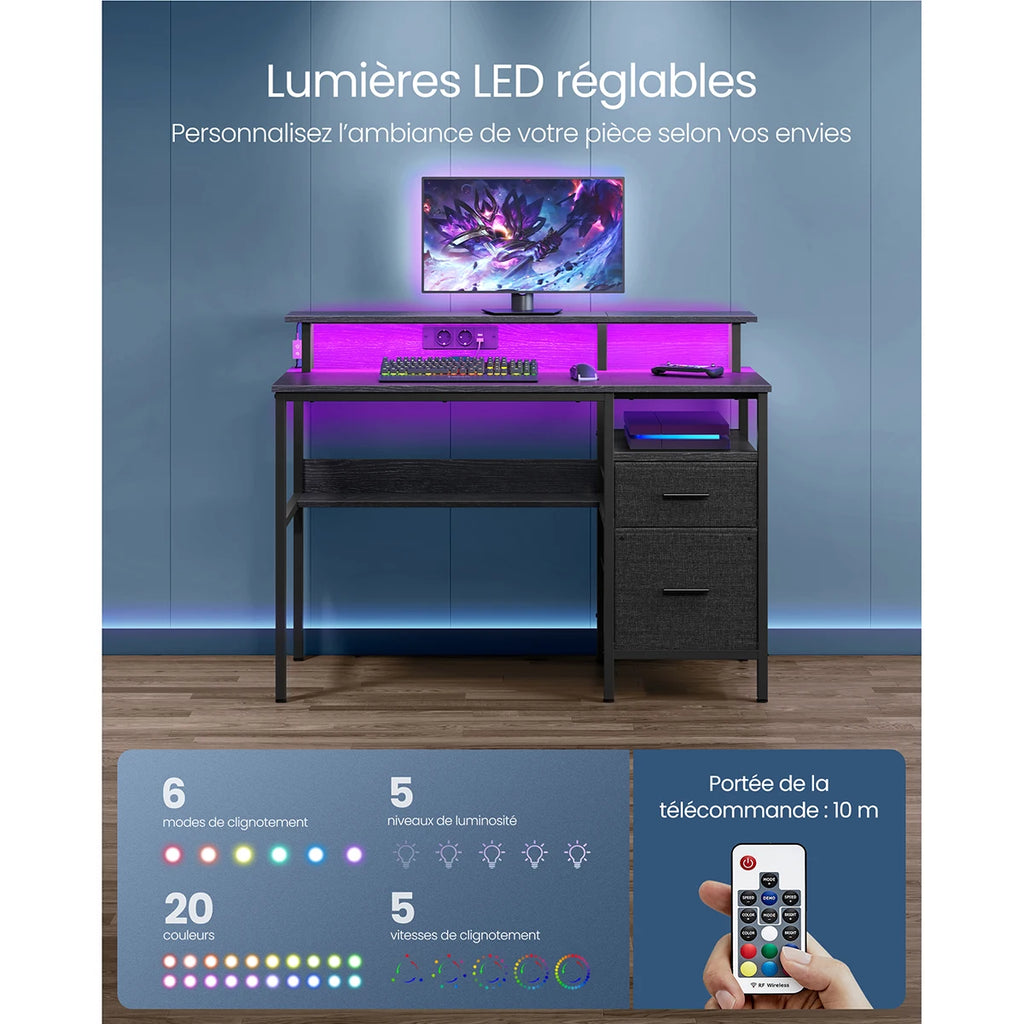 VASAGLE Gaming Desk with LED Lights and Power Strip, Computer Desk with Monitor Stand, Table with Storage, 2 Fabric Drawers