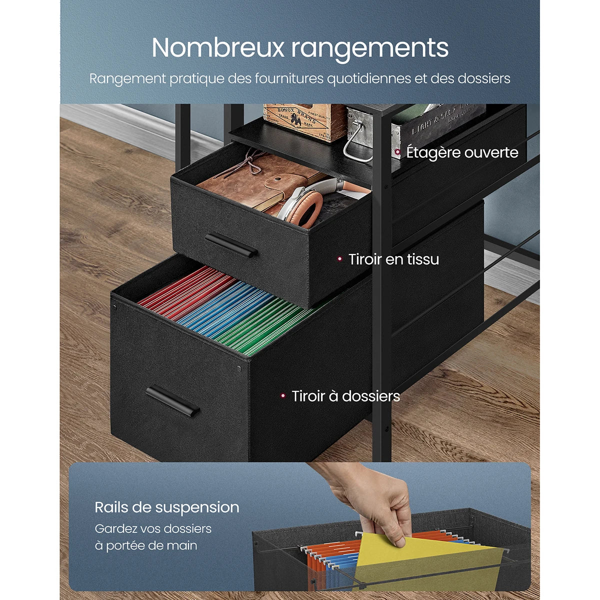 VASAGLE Gaming Desk with LED Lights and Power Strip, Computer Desk with Monitor Stand, Table with Storage, 2 Fabric Drawers