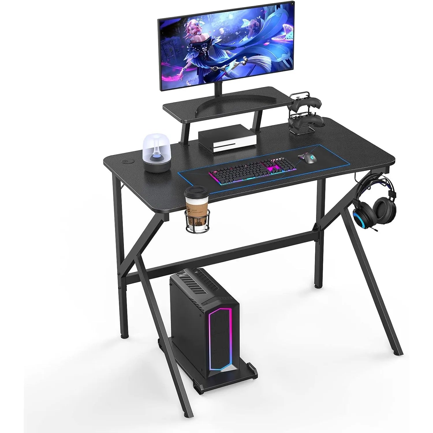 Bureau Gamer Informatique Ergonomique, Table Gaming, avec Porte-Gobelet, Crochet pour Casque et Support de Hauteur Amovible Noir