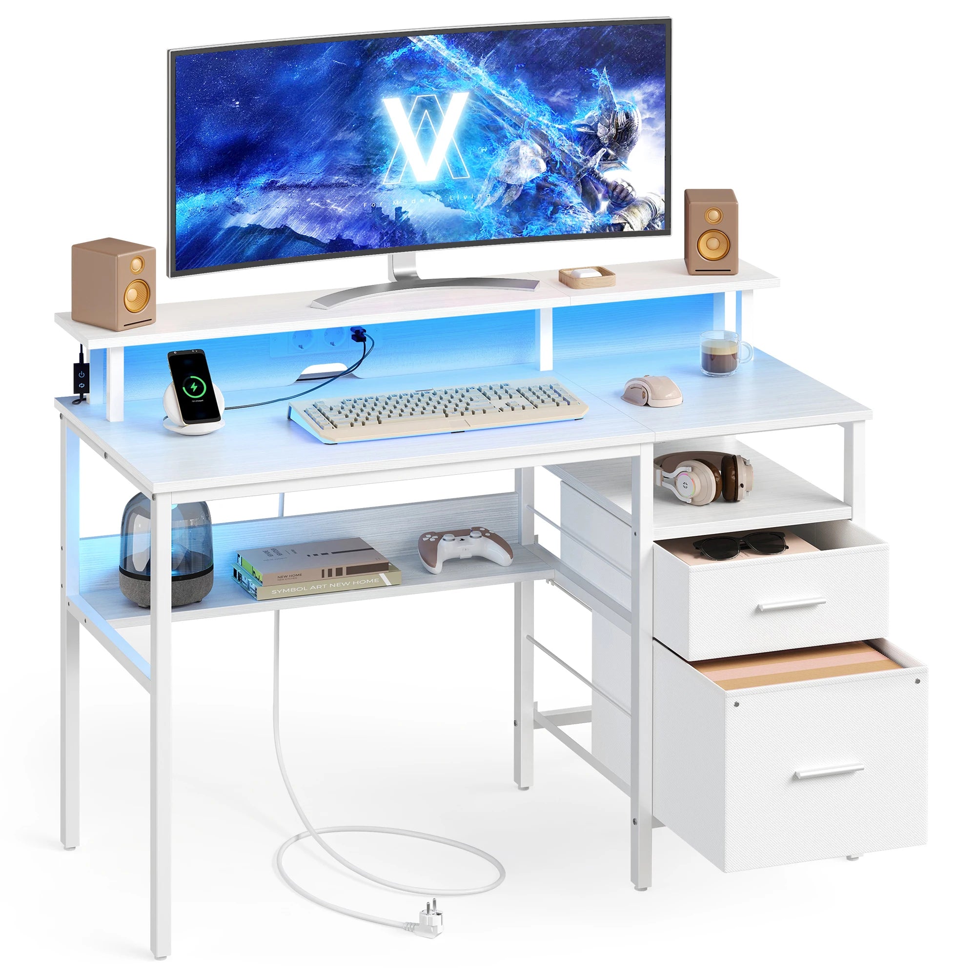 VASAGLE Gaming Desk with LED Lights and Power Strip, Computer Desk with Monitor Stand, Table with Storage, 2 Fabric Drawers