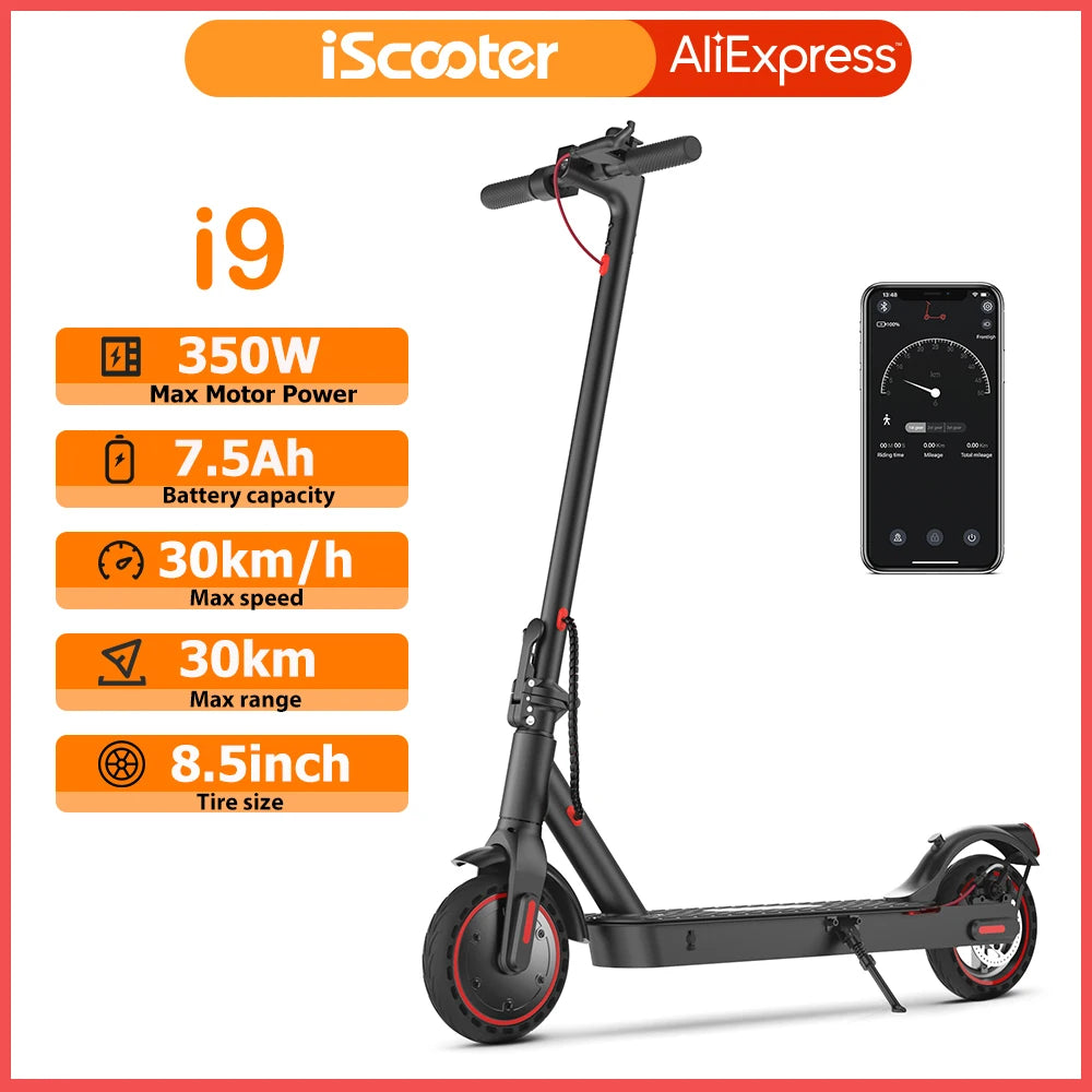 iScooter i9 8.5 inch Electric Scooter 350W 7.5Ah 30km/h Scooter for Adults 30km Range Honeycomb Tire Foldable Scooters with APP