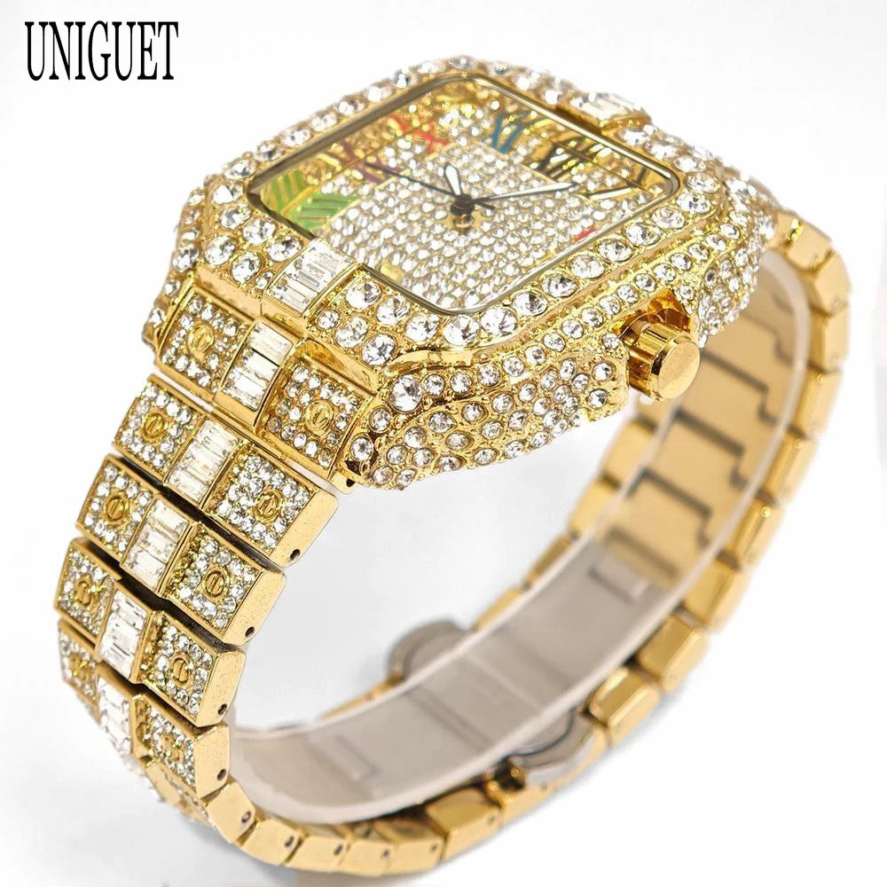 UNIGUET Luxury Diamond Quartz Watch for Men Rainbow Dial  Calendar Hip Hop Iced Out Gold Wristwatch Mens Fashion Accessory 2025