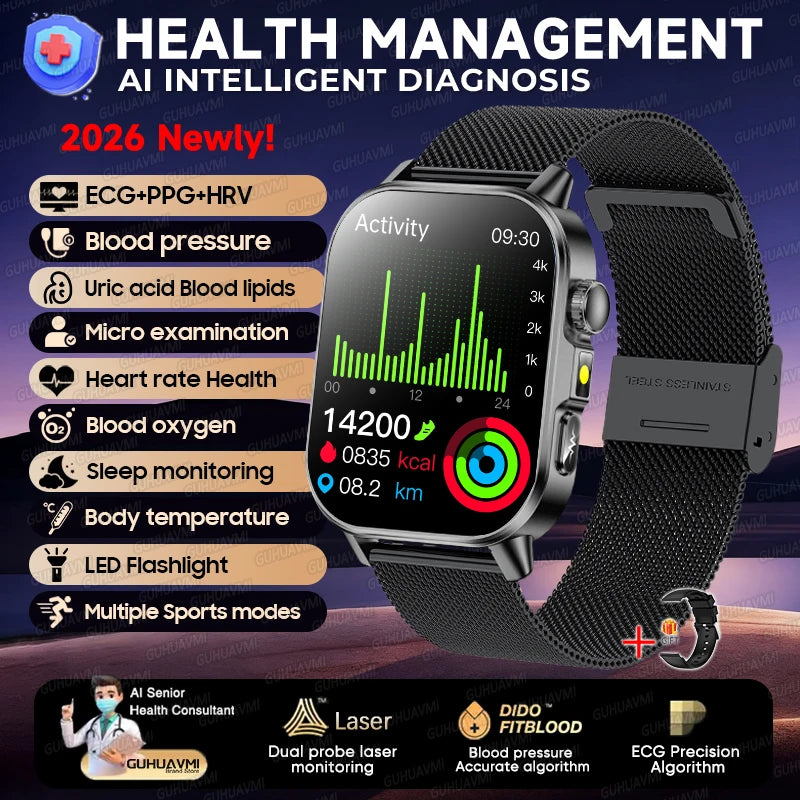 2026 New ECG+PPG Healthy Diagnose Smart Watch Men Body analysis Blood Pressure Lipid Uric Acid Women's Health Tracker Smartwatch
