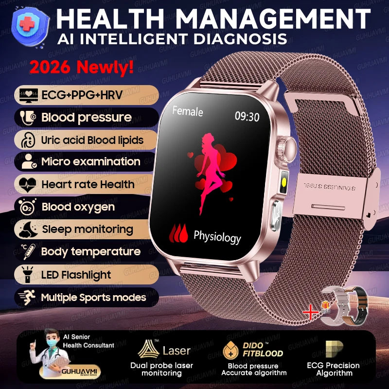 2026 New ECG+PPG Healthy Diagnose Smart Watch Men Body analysis Blood Pressure Lipid Uric Acid Women's Health Tracker Smartwatch