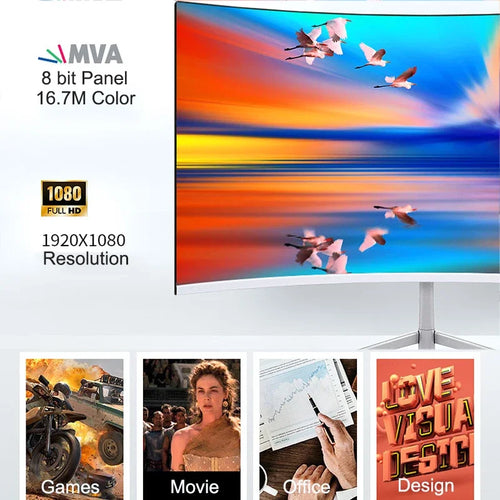 24 Inch Curved 75Hz Monitor Gaming VA FHD 1080P Computer Display 3000R HDMI/VGA DCR Eye Protect VESA 100*100 2ms Response