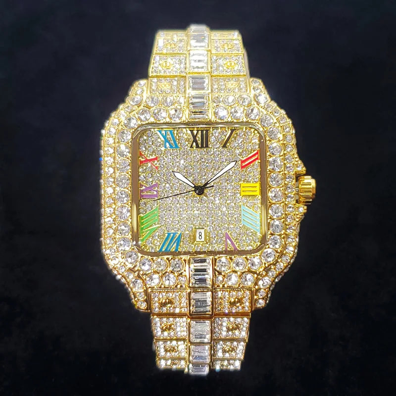 2025 New Luxury Diamond Watch Men Fashion Iced Out Square Colorful Number Watches Hip Hop Bling Jewelry Reloj Hombre for Party
