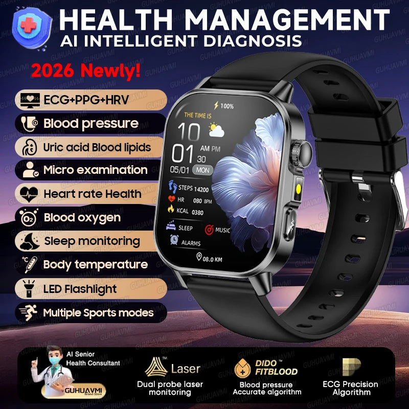 2026 New ECG+PPG Healthy Diagnose Smart Watch Men Body analysis Blood Pressure Lipid Uric Acid Women's Health Tracker Smartwatch