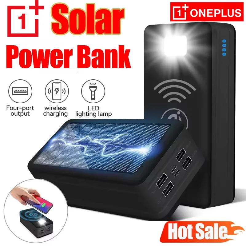 Oneplus 100000mAh Solar Power Bank 4USB 2.1A Large Capacity External Battery Mobile Phone Wireless Fast Charging Phone Accessory