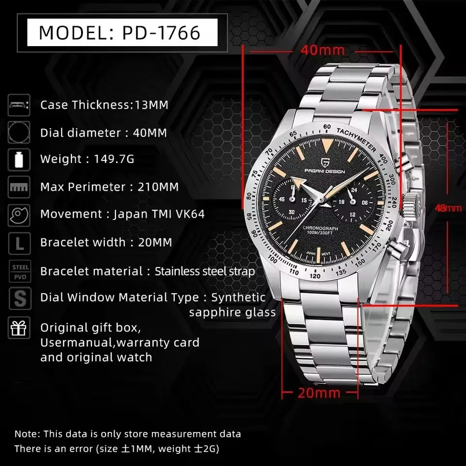 PAGANI DESIGN Retro Luxury Quartz Men watch Japan Movt 316L All Steel Chronograph Sapphire mirror Luminous Waterproof Man watch