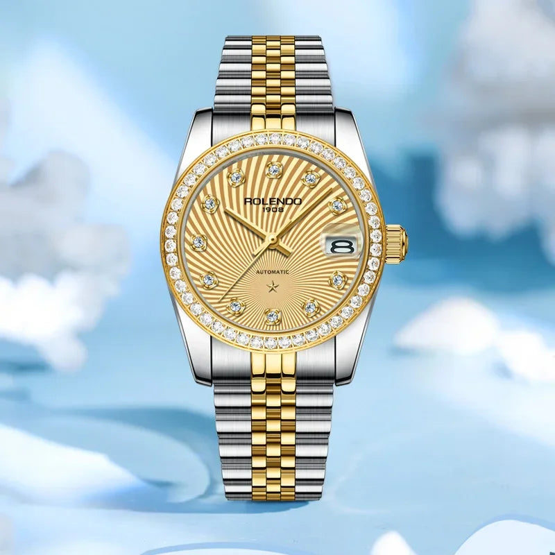 ROLENDO Women's Automatic Watch 32mm Sapphire Crystal Gold Tone Swiss Movement Waterproof Butterfly Buckle Luxury Gift