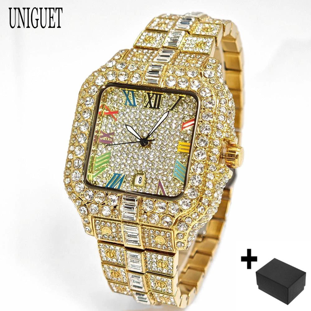 UNIGUET Luxury Diamond Quartz Watch for Men Rainbow Dial  Calendar Hip Hop Iced Out Gold Wristwatch Mens Fashion Accessory 2025