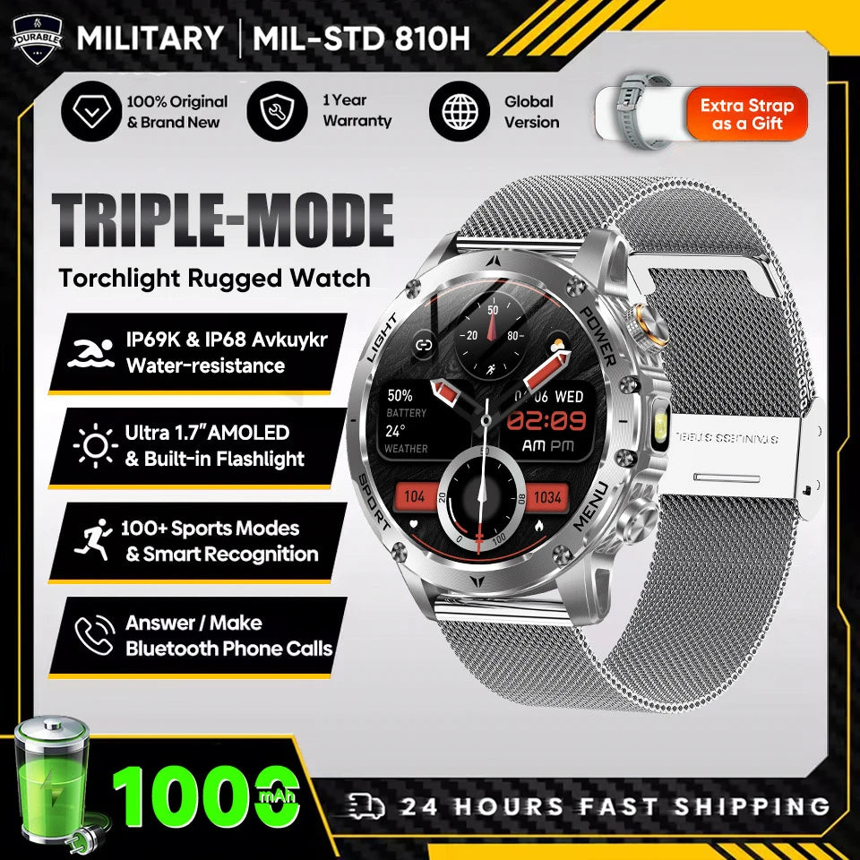 2025 New Military T-Rex 3 Ultra 1000mAh Battery Smart Watch 5ATM Waterproof Flashlight Heart Rate Sports tracker Smartwatch Men