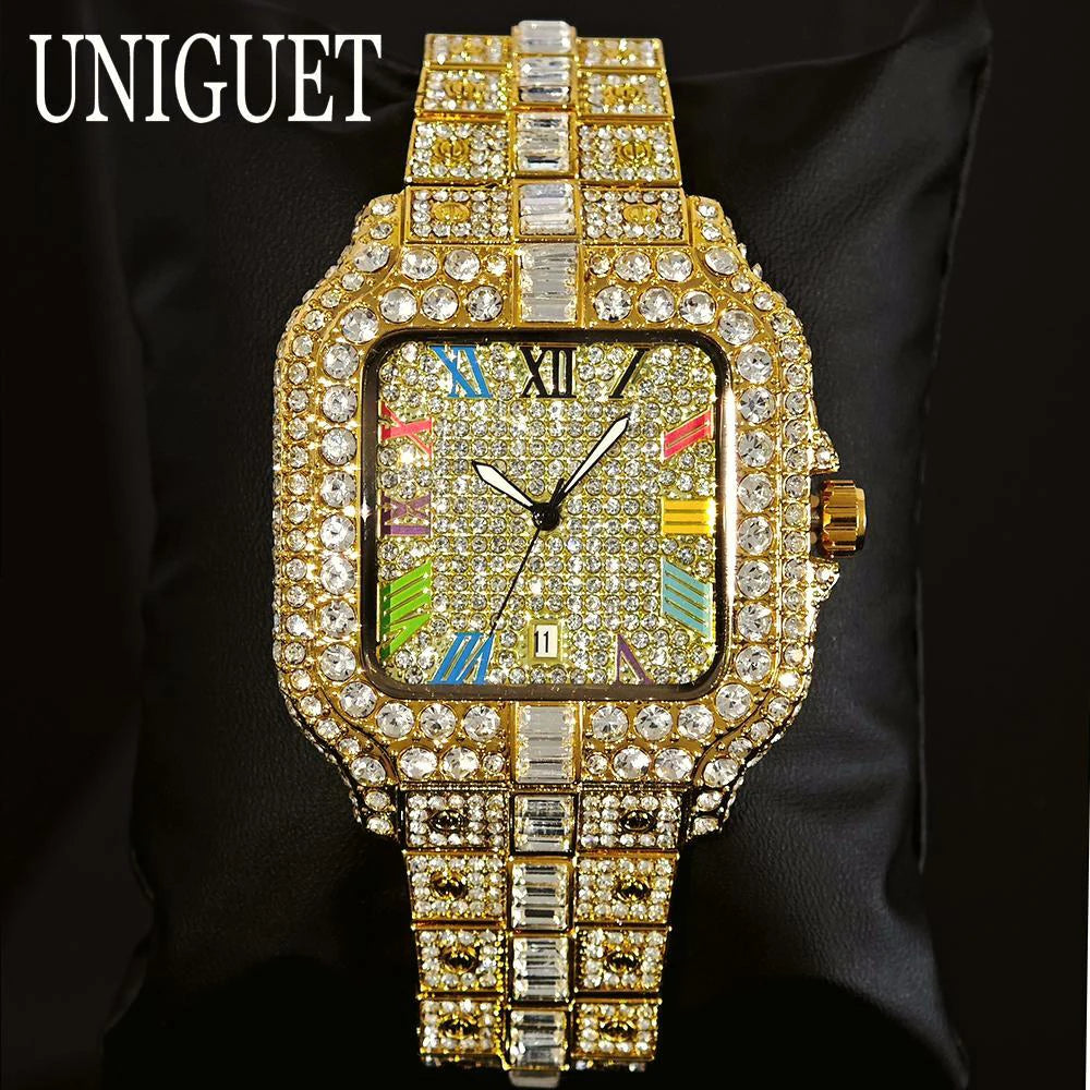 UNIGUET Luxury Diamond Quartz Watch for Men Rainbow Dial  Calendar Hip Hop Iced Out Gold Wristwatch Mens Fashion Accessory 2025