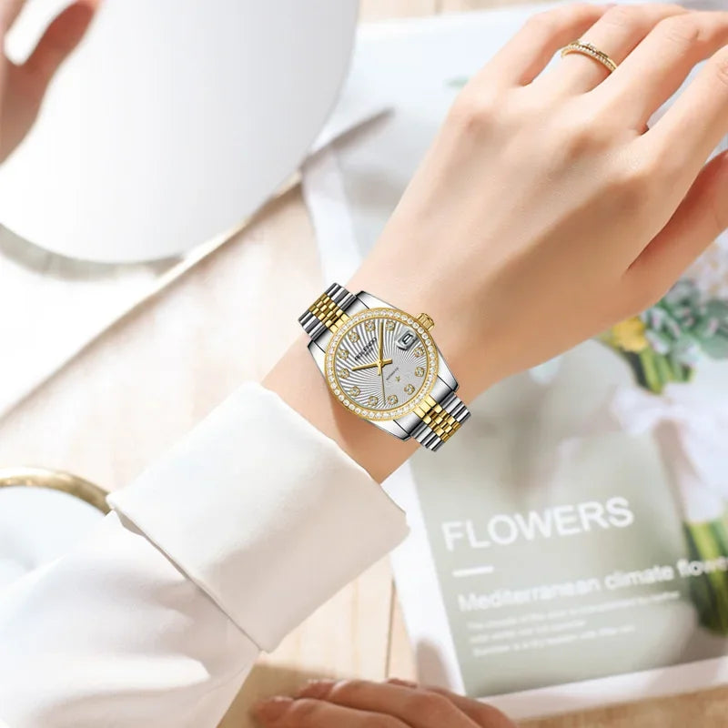 ROLENDO Women's Automatic Watch 32mm Sapphire Crystal Gold Tone Swiss Movement Waterproof Butterfly Buckle Luxury Gift