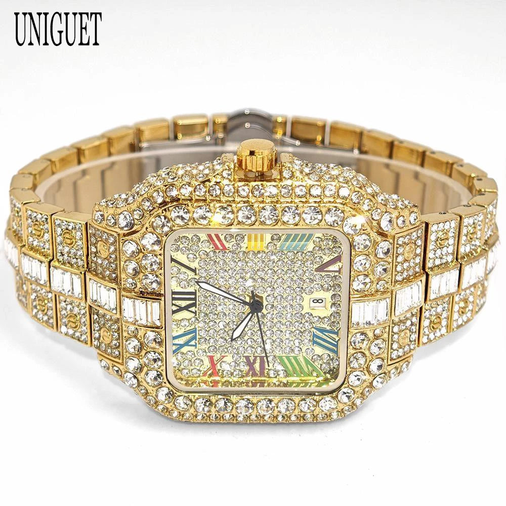 UNIGUET Luxury Diamond Quartz Watch for Men Rainbow Dial  Calendar Hip Hop Iced Out Gold Wristwatch Mens Fashion Accessory 2025