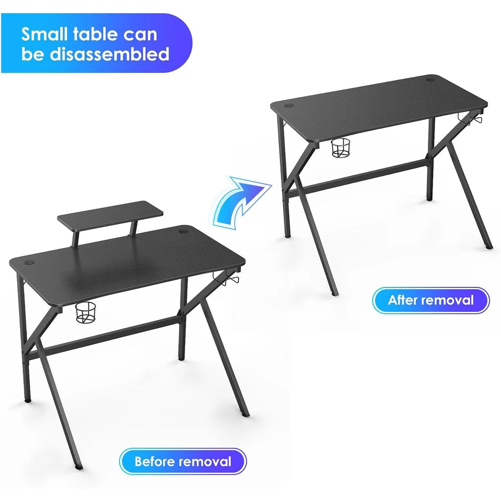 Bureau Gamer Informatique Ergonomique, Table Gaming, avec Porte-Gobelet, Crochet pour Casque et Support de Hauteur Amovible Noir